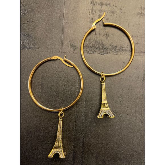 Gold Hoop Earrings with Eiffel Tower Charms - Picture 1 of 3
